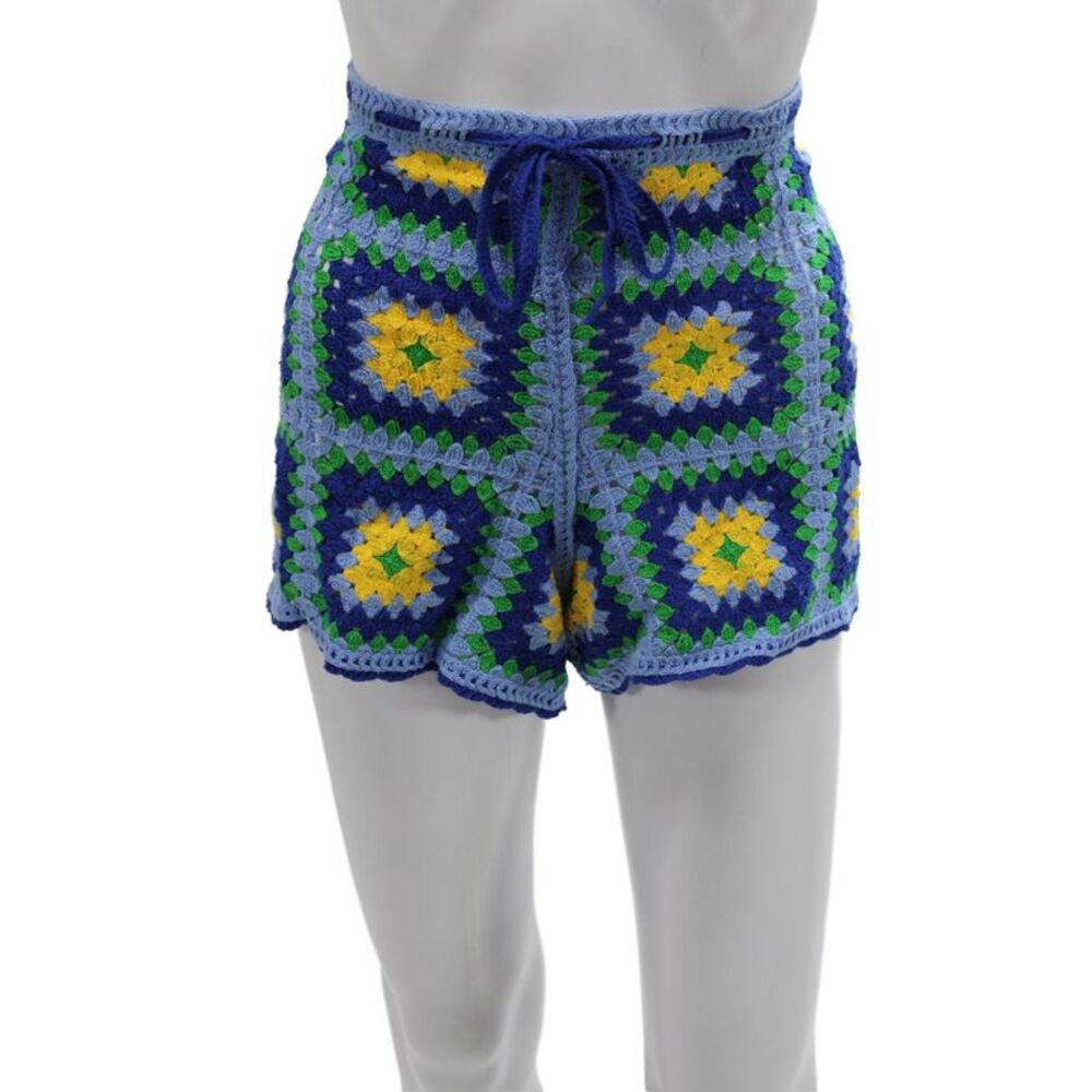 Zara Womens Hot Pants Blue Drawstring Cotton Geometric Size M
